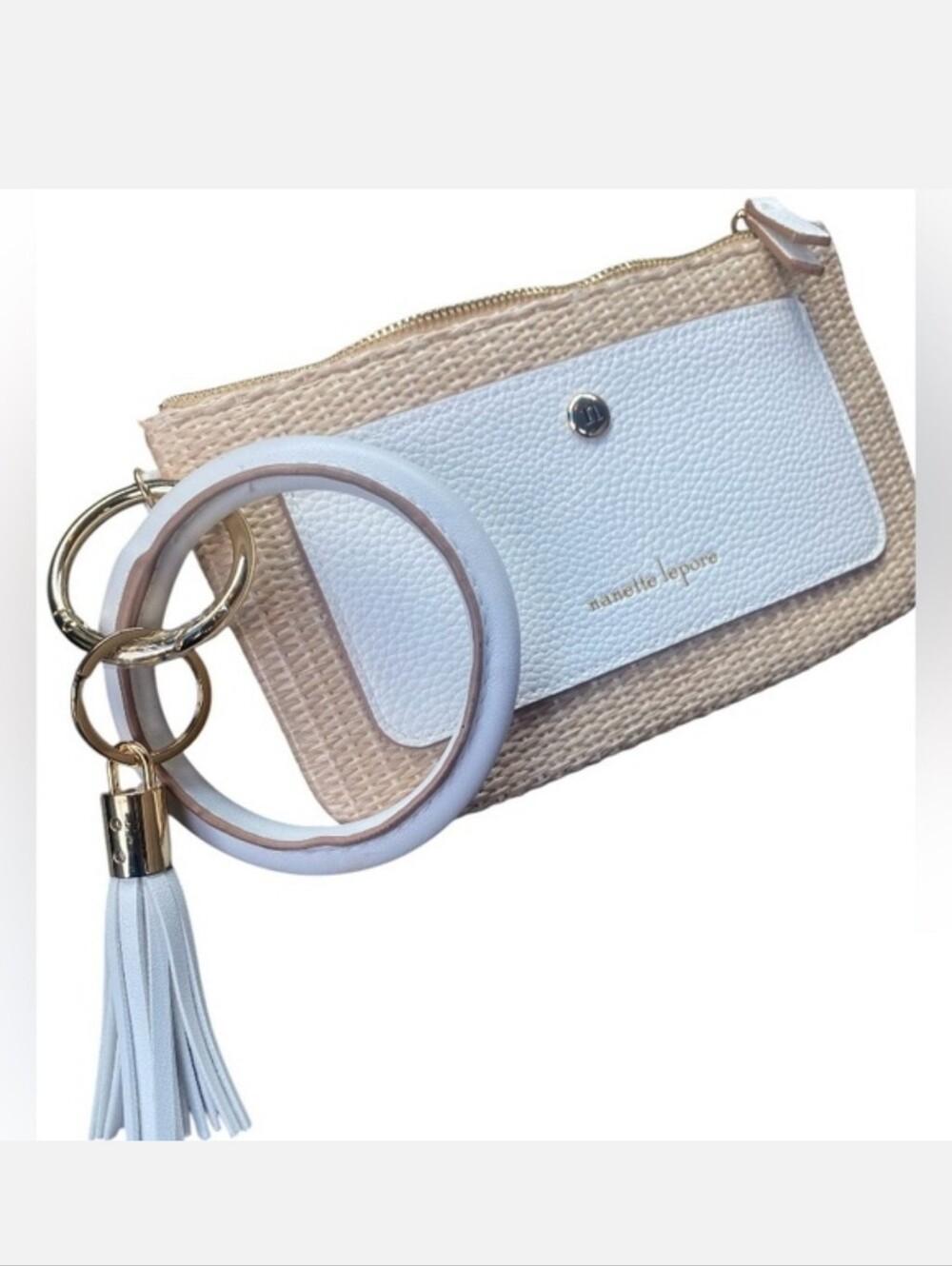 Nanette Lepore White & Beige Wristlet Keyring Pouch with Tassel